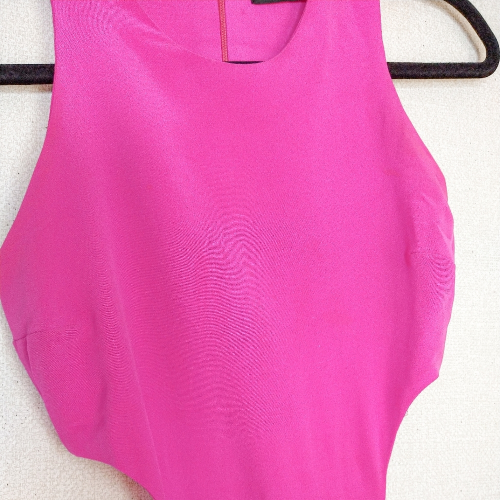 FLAWED Naven Hot Neon Pink Side Cut Out High Neck 100% Silk Mini Dress Size XS - Picture 3 of 10